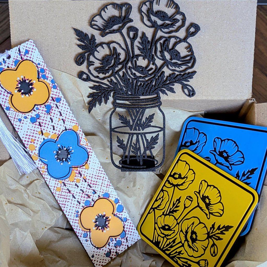 Floral Poppy Gift Set | Bookmark, Coasters & Decor | 3D Printed Nature Lover Gift