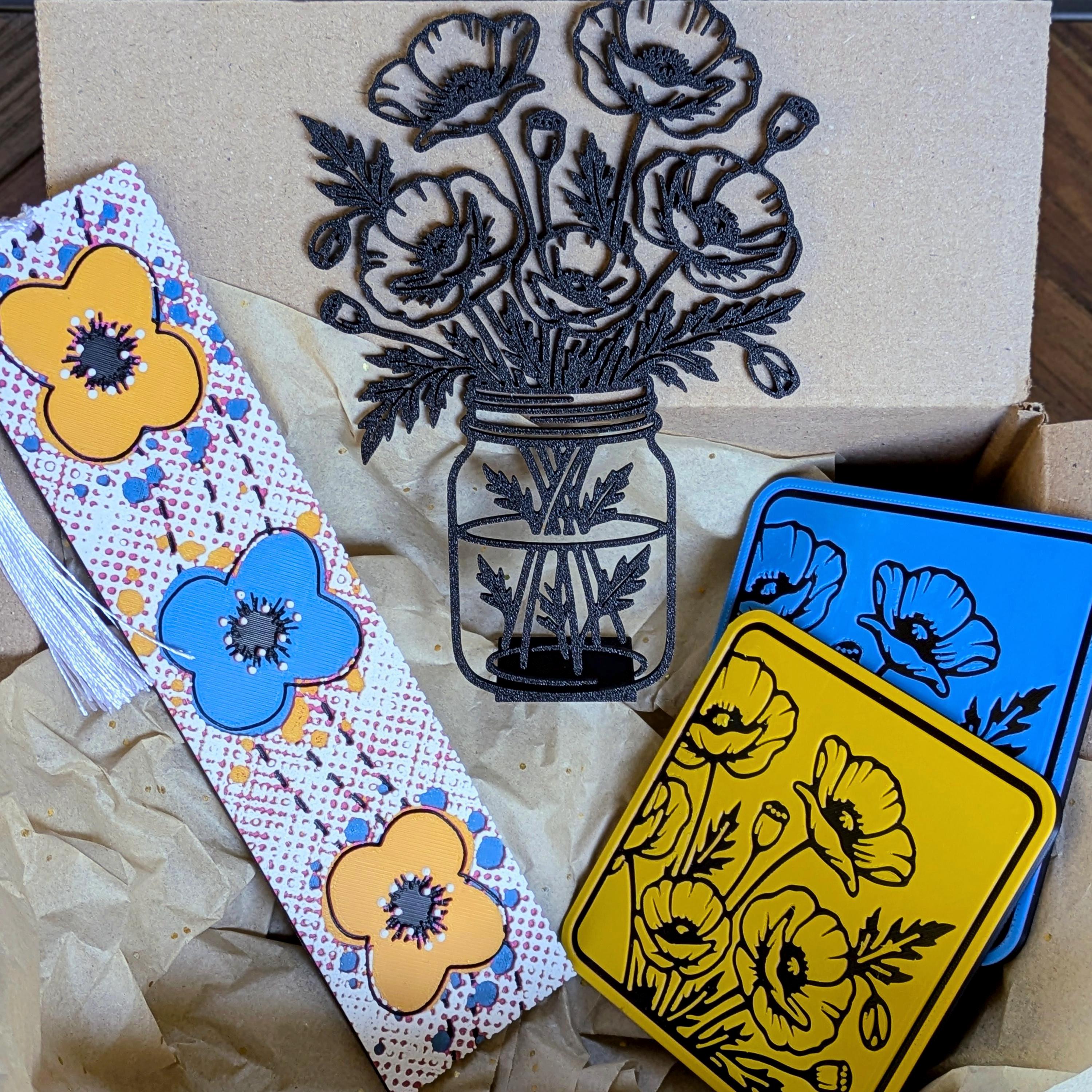 Floral Poppy Gift Set | Bookmark, Coasters & Decor | 3D Printed Nature Lover Gift