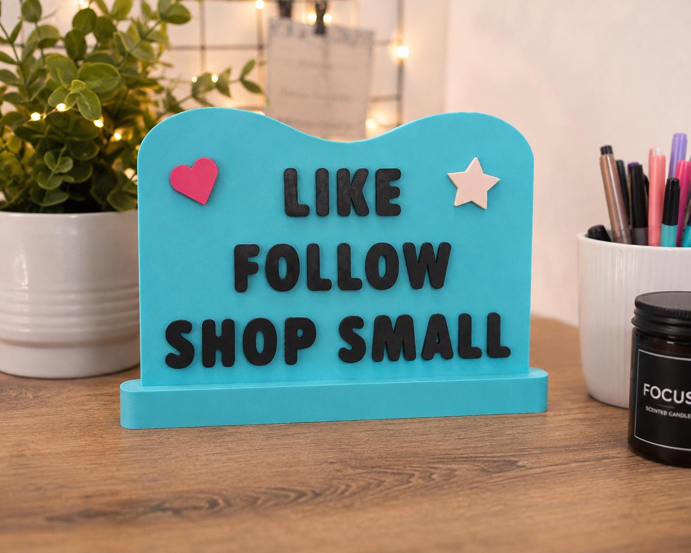 Like • Follow • Shop Small Sign | 3D Printed Small Business & Content Creator Desk Decor