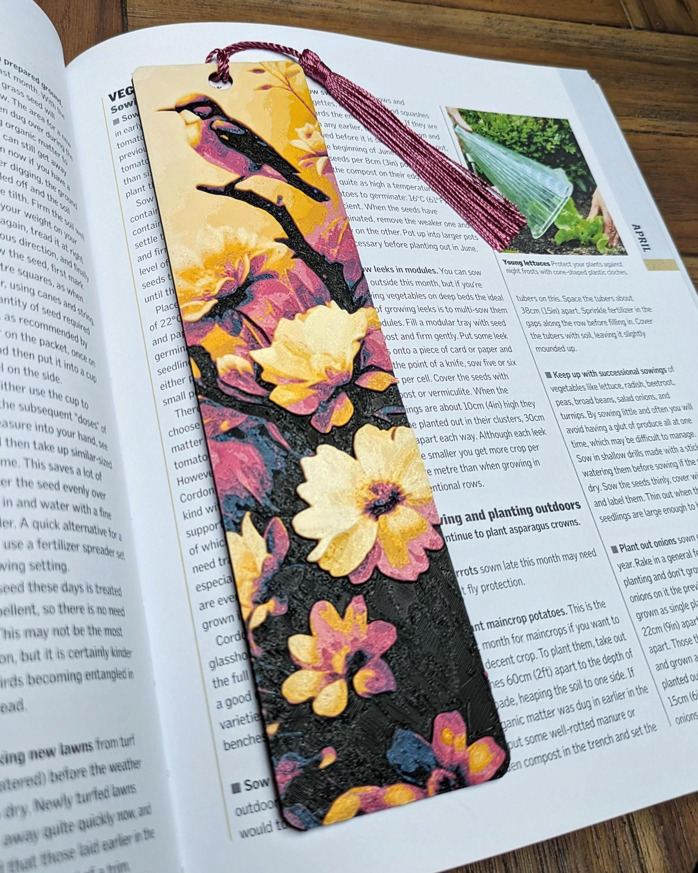 Bird Floral Bookmark with Tassel | 3D Printed Textured Bookmark | Handmade Book Lover Gift
