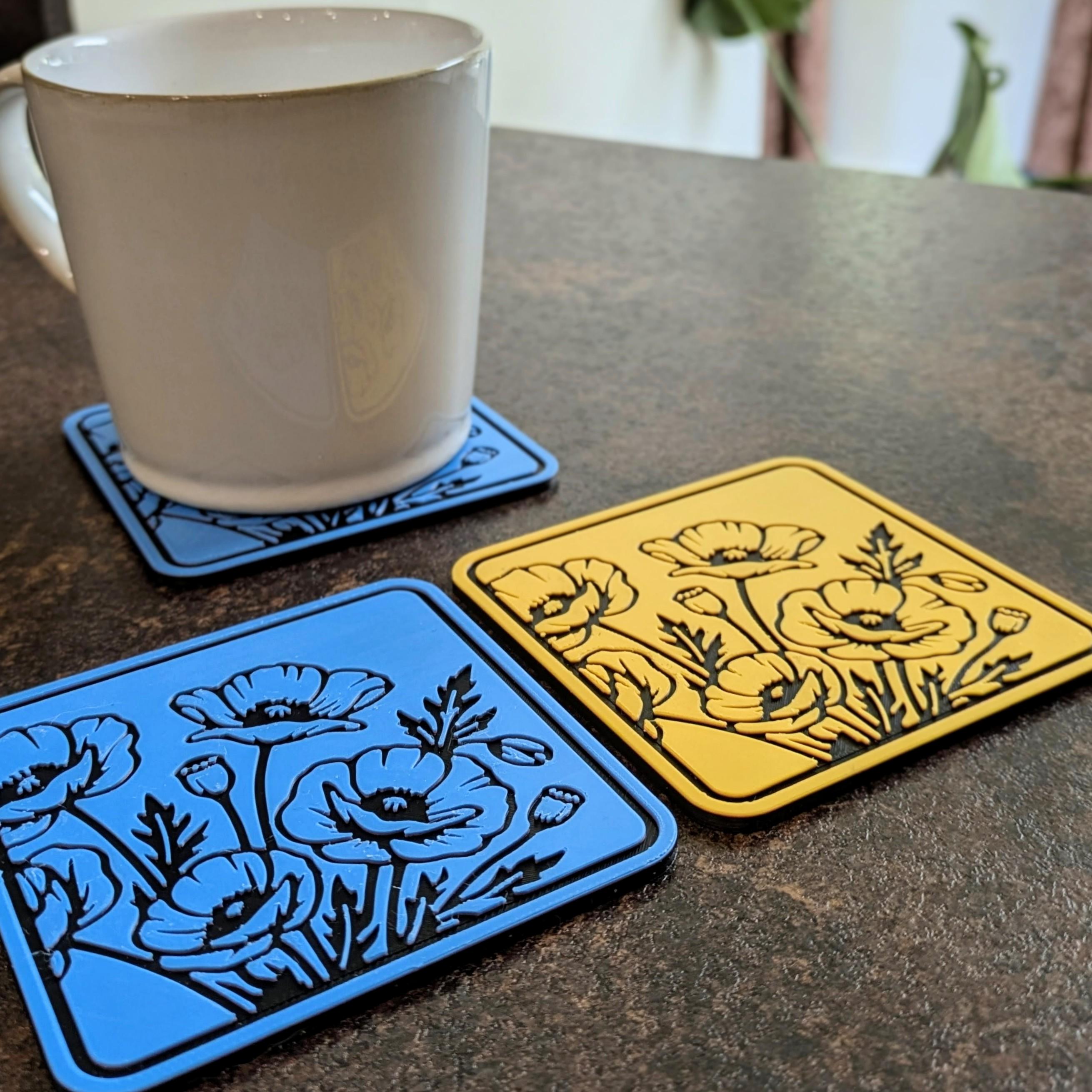 Floral Poppy Coasters | Set of 2 | 3D Printed Textured Home Decor | Handmade in UK